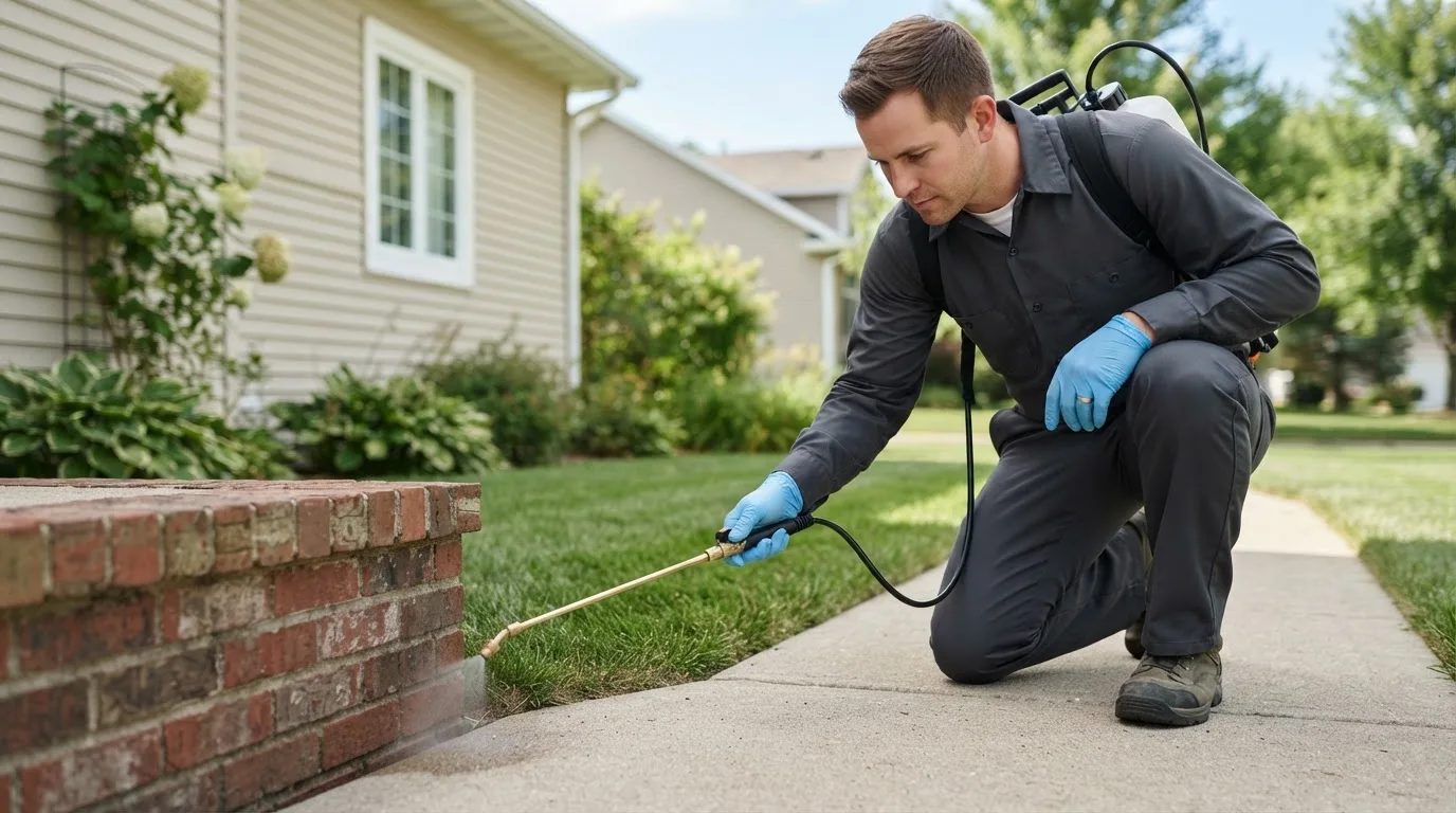 Pest control technician treating a home near Middletown, RI